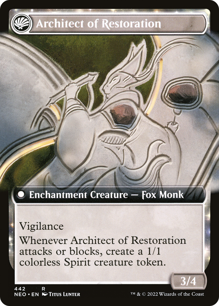 The Restoration of Eiganjo // Architect of Restoration (NEO-442) - Kamigawa: Neon Dynasty: (Extended Art, fandfc, enchantment) Foil