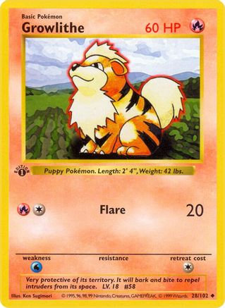 Growlithe 028/102  - 1st Edition Base Set Shadowless - Uncommon
