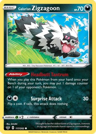Galarian Zigzagoon 117/202  - Reverse Holofoil SWSH01 Sword & Shield Base Set - Common