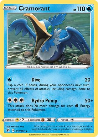 Cramorant 051/192  - Reverse Holofoil SWSH02 Rebel Clash - Rare