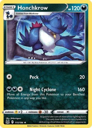 Honchkrow 115/196  - Reverse Holofoil SWSH11 Lost Origin - Rare