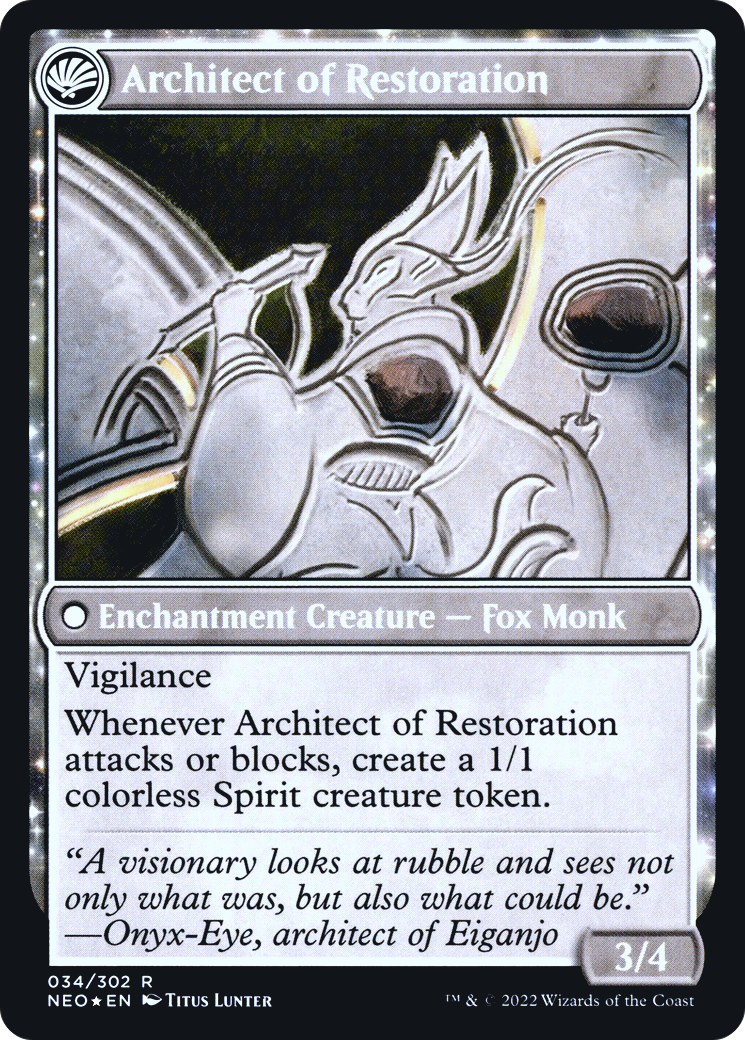 The Restoration of Eiganjo // Architect of Restoration (PRE-034) - Kamigawa: Neon Dynasty Promos: (fandfc, enchantment) Foil
