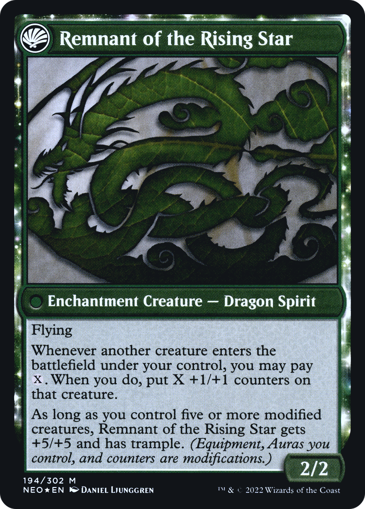 Jugan Defends the Temple // Remnant of the Rising Star (PRE-194) - Kamigawa: Neon Dynasty Promos: (fandfc, enchantment) Foil